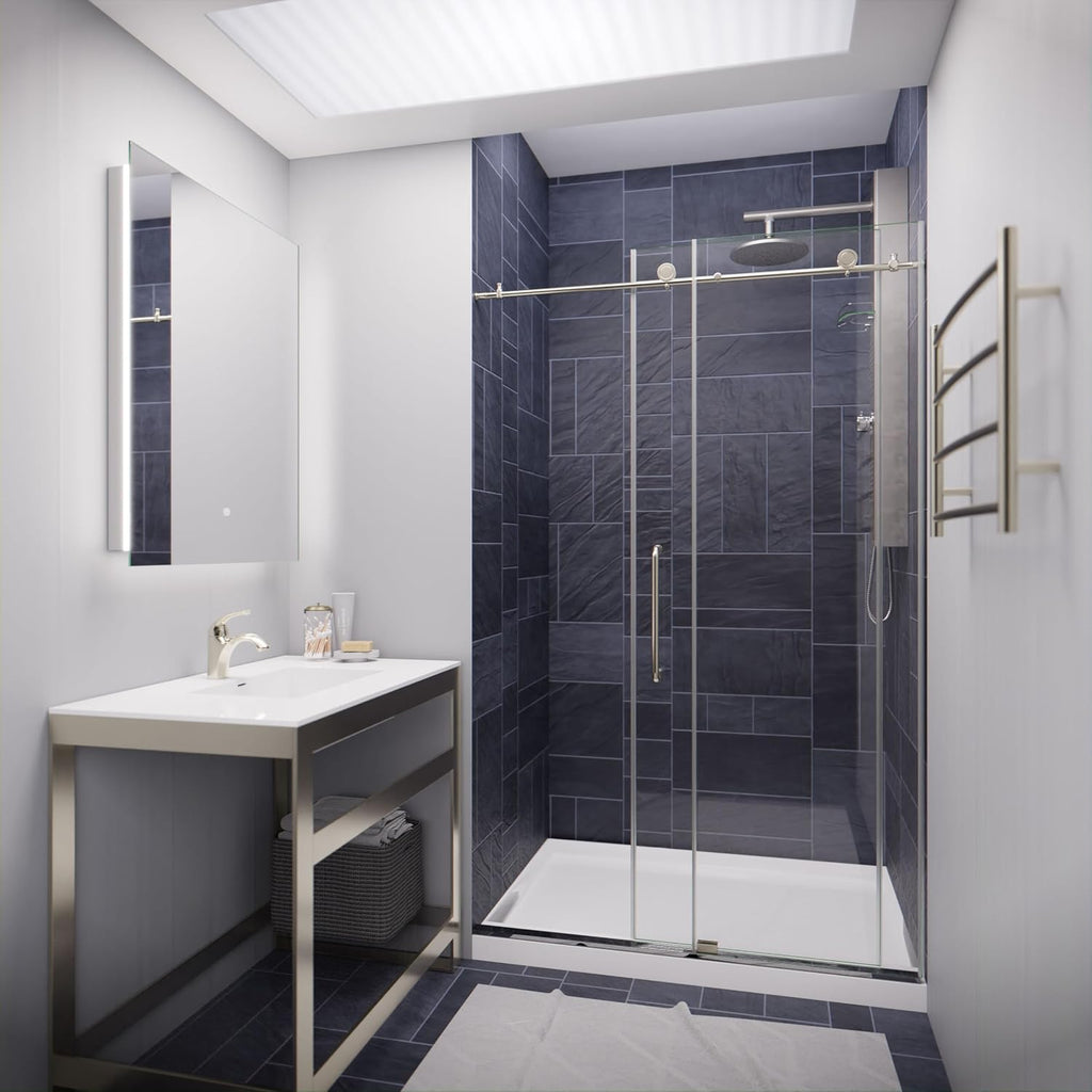 ANZZI 76 x 48 inch Frameless Shower Door | Brushed Nickel | Madam Complete Shower Kit | Water Repellent Sliding Glass Panel + Bottom Seal Strip Parts + Easy Glide Rollers | SD-AZ13-01BN