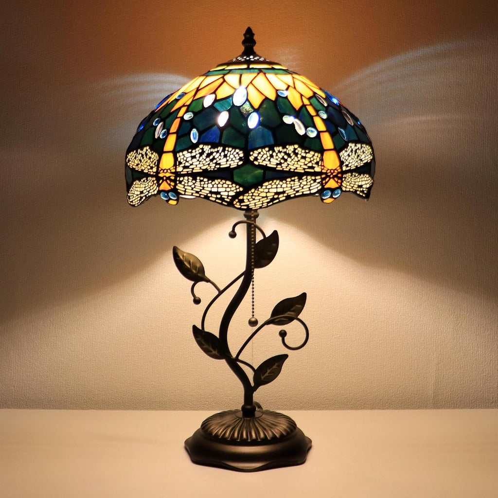 Tiffany Lamp Yellow Dragonfly Style Stained Glass Table Lamp Desk Bedside Reading Light 12X12X19 Inches with Metal Leaf Base