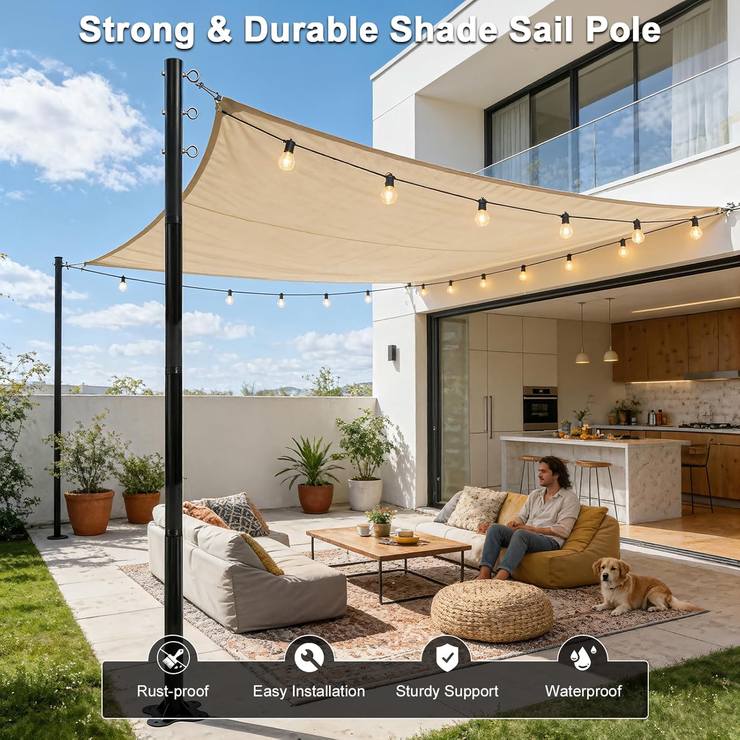 2 Pack 12 Ft Shade Sail Poles, Heavy Duty Metal Outdoor Support Post Kit, Rust-Resistant Shade Sail Support Poles, Adjustable Metal Sun Shade Poles for Patios, Courtyards, Backyards and Gardens