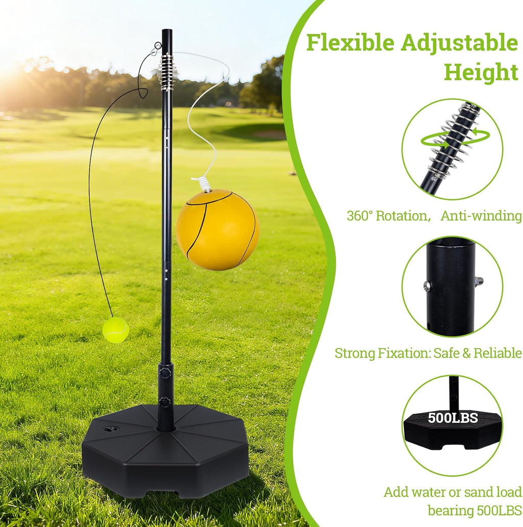 Tetherball Tennis&Tetherball Set with Sturdy Base,Tetherball Equipment for Backyard,with 9.83 Feet Adjustable Height Pole,2 Tennis Balls,2 Rackets,1 Tetherball with Rope,Fun Family Lawn Game (Black)