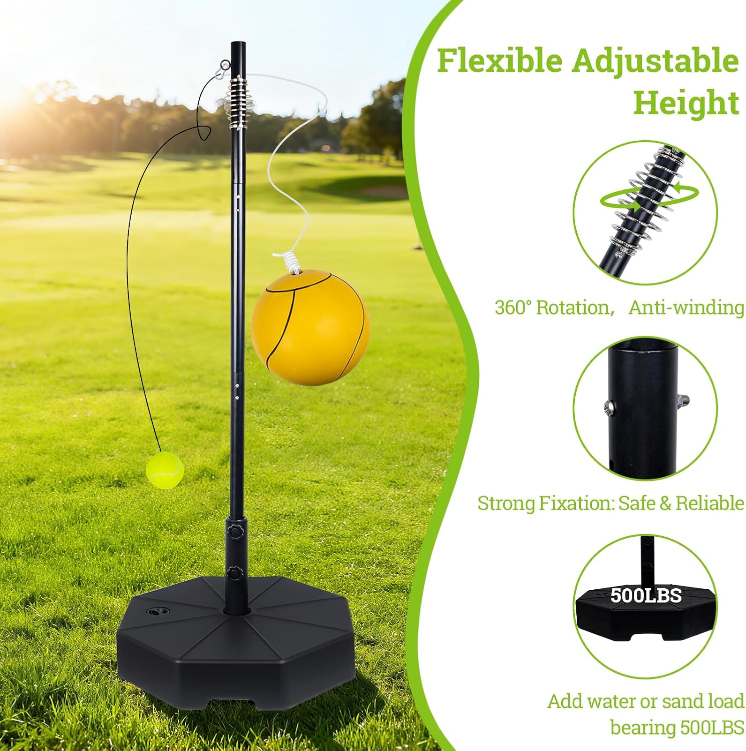 Tetherball Tennis&Tetherball Set with Sturdy Base,Tetherball Equipment for Backyard,with 9.83 Feet Adjustable Height Pole,2 Tennis Balls,2 Rackets,1 Tetherball with Rope,Fun Family Lawn Game (Black)