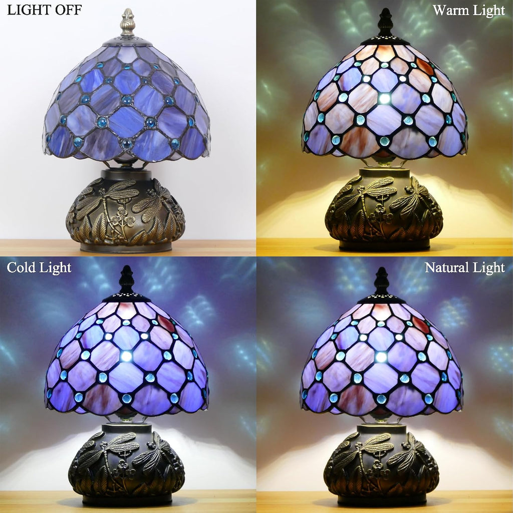 Small Tiffany Lamp Mini Stained Glass Table Lamp Purple Pearl Style Mushroom Accent Lamp 8X11 Inch