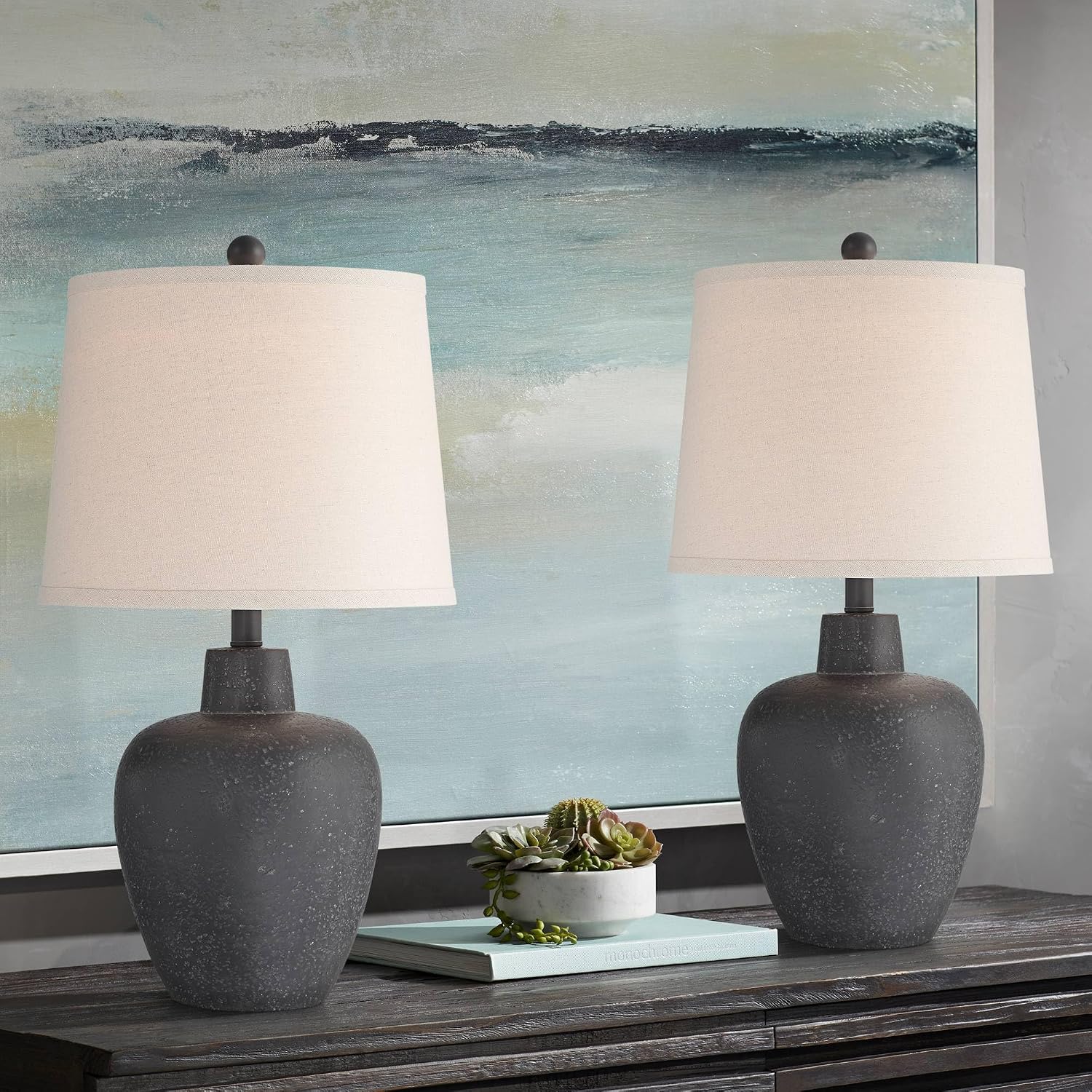 360 Lighting Romeo 23 1/2' High Jar Small Modern Coastal Accent Table Lamps Set of 2 Stone Gray Finish Fabric Beige Shade Living Room Bedroom Bedside Nightstand House Office Home Reading Kitchen