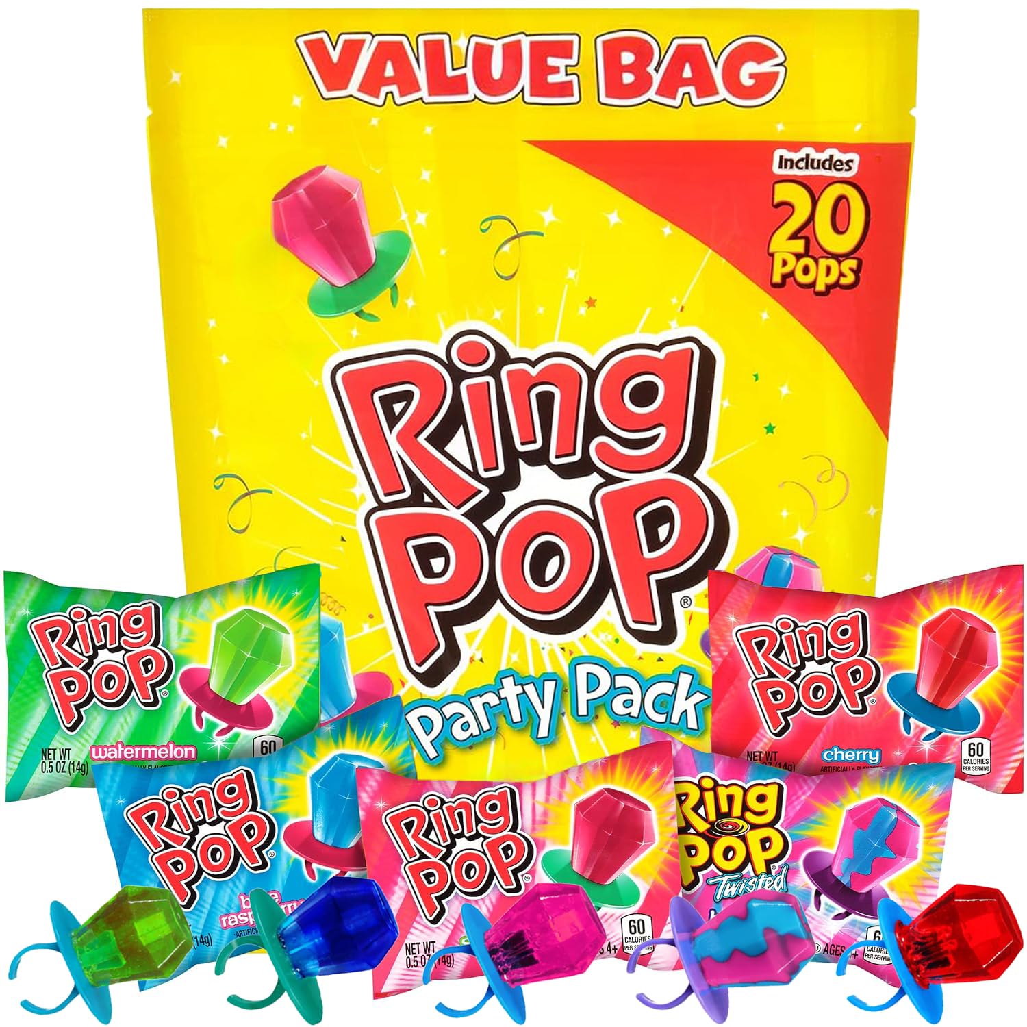 Ring Pop Individually Wrapped Bulk Lollipop- Variety Party Pack, 20 Lollipops per Bag (Case of 12 Bags)