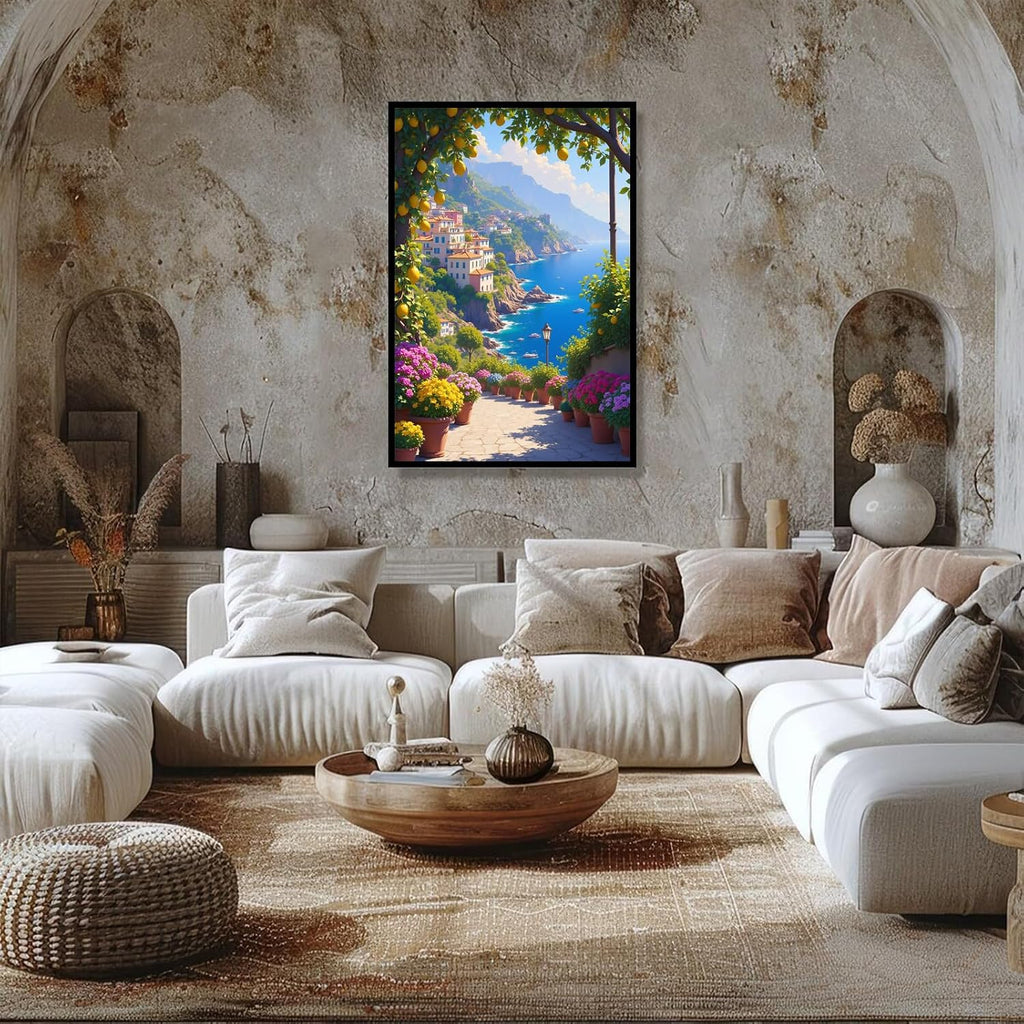 Italian Amalfi Coast Lemon Tree Garden Amalfi Coast Landscape | Metal Framed canvas, for event venues, mediterranean style, temporary venue decor, mediterranean theme styling