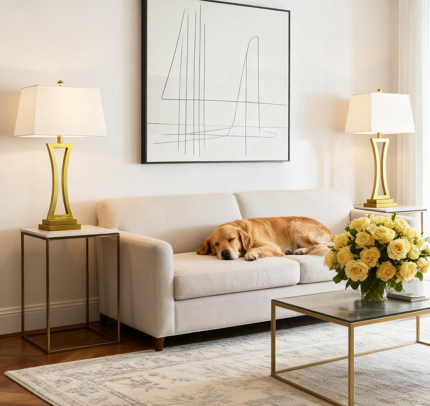 Maxax Contemporary Table Lamps Set of 2, Brass Gold 30.75'' Tall Metal Bedside Lamps with White Rectangular Shade, 3 Way Dimmable Large Nightstand Lamp for Living Room Bedroom for Home Office Entryway
