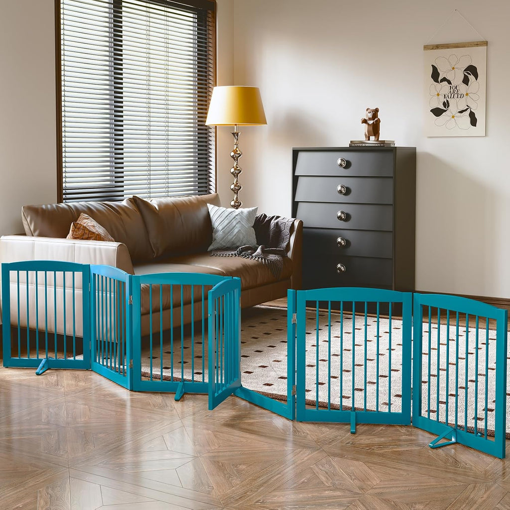 PUPETPO Freestanding Pet Gates with Walk Through Door, Dog Indoor Fence, Dog Gate for The House, Doorway, Stairs, Extra Wide Pet Gate, Support Feet Included, 120 Inch Wide, 6 Panels 24' Tall, Blue