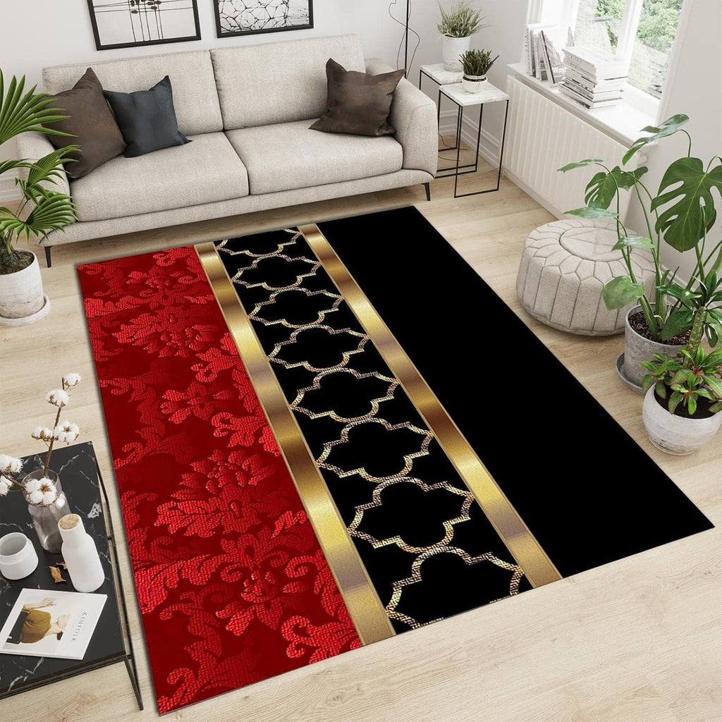 Modern European Style Luxury Art Area Rug - Black, Red, Gold for Living Room, Bedroom, Kitchen, Dining Room, Home Office - Anti-Slip Easy Clean Carpet, 5 x 6ft