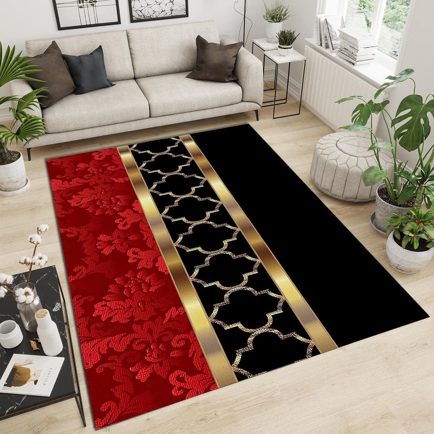 Modern European Style Luxury Art Area Rug - Black, Red, Gold for Living Room, Bedroom, Kitchen, Dining Room, Home Office - Anti-Slip Easy Clean Carpet, 5 x 6ft