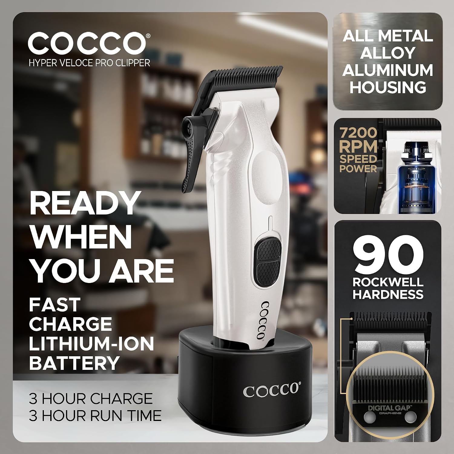 Cocco Veloce Pro Clipper, Digital Gap Ambassador Graphene Taper Blade Professional Hair Clippers, High-Torque BLDC Motor, All-Metal, Cordless, Charging Base Included