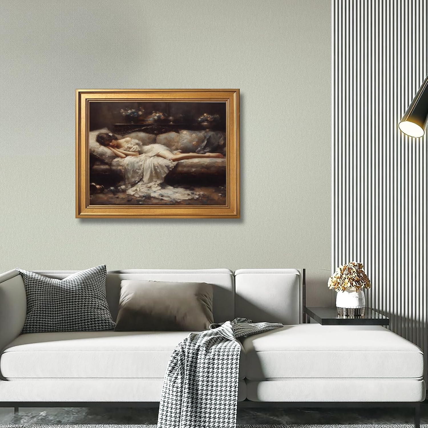 Gold Frame Wall Art Vintage Victorian Tired Woman Portrait Canvas Poster Moody Romantic Oil Painting Dark Academia Classic Wall Decor Print Aesthetic Picture for Bedroom Living Room 24X36inch