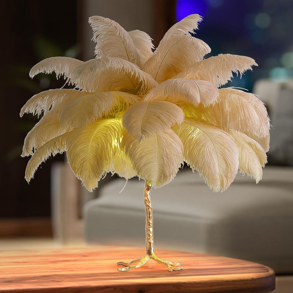 MAYOLA Modern Ostrich Feather Table Lamp with Plug in Wire,3-Light Bedside Floor Lamp for Living Room, Bedroom and Office 24' Tall Feather Desk Lamp (Ostrich Color, Table Lamp-Resin)