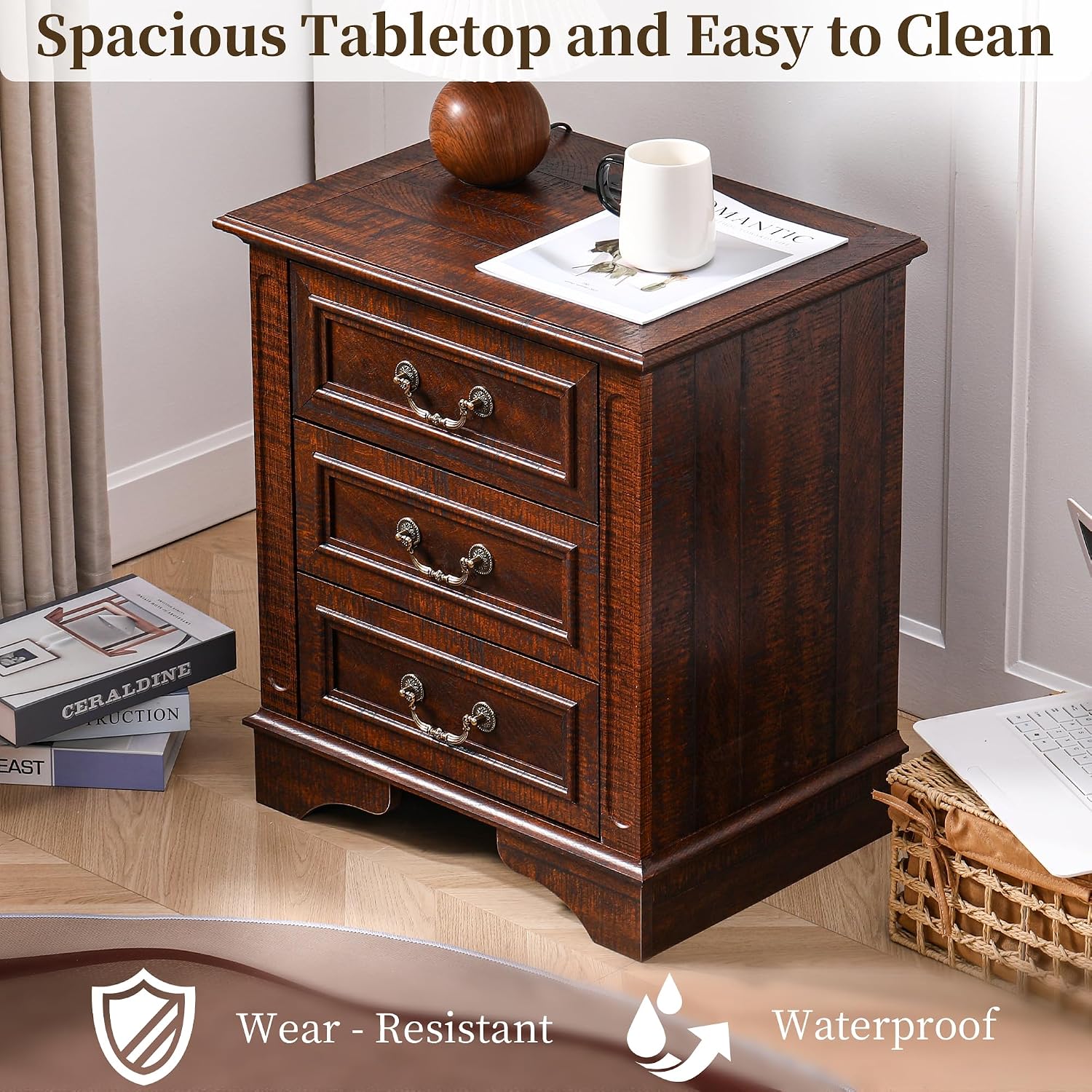 Farmhouse Night Stand with Charging Station, Bedside Table with 3 Drawers Storage and Outlets, Wood Nightstand for Bedroom, Living Room, Closet (Dark Brown)