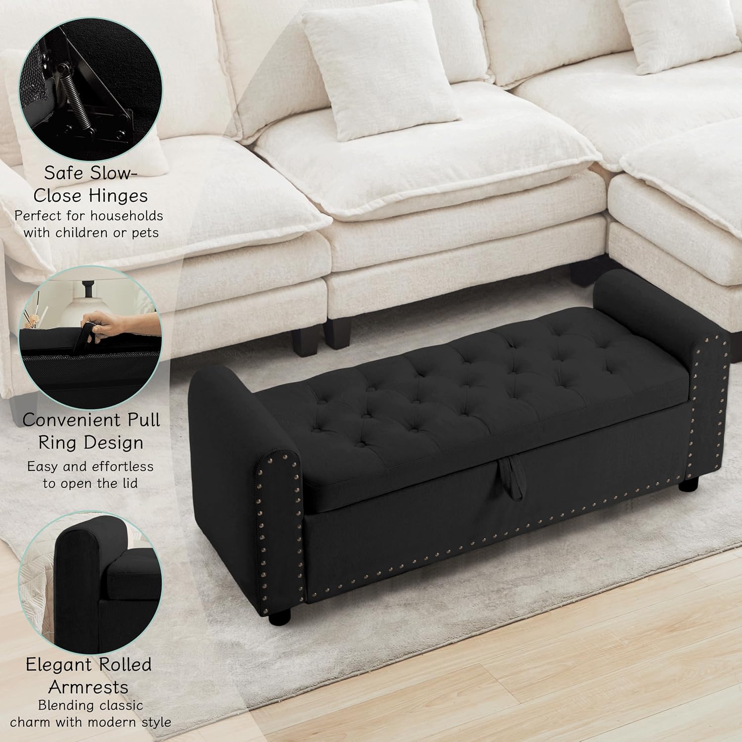 Ottoman with Storage, Tufted Storage Bench for Bedroom, 48' Fabrics End of Bed Bench, Upholstered Entryway Shoe Benches with Rolled Arm & Inner Zipper, Window Ottomans Chest with Rivets, Black
