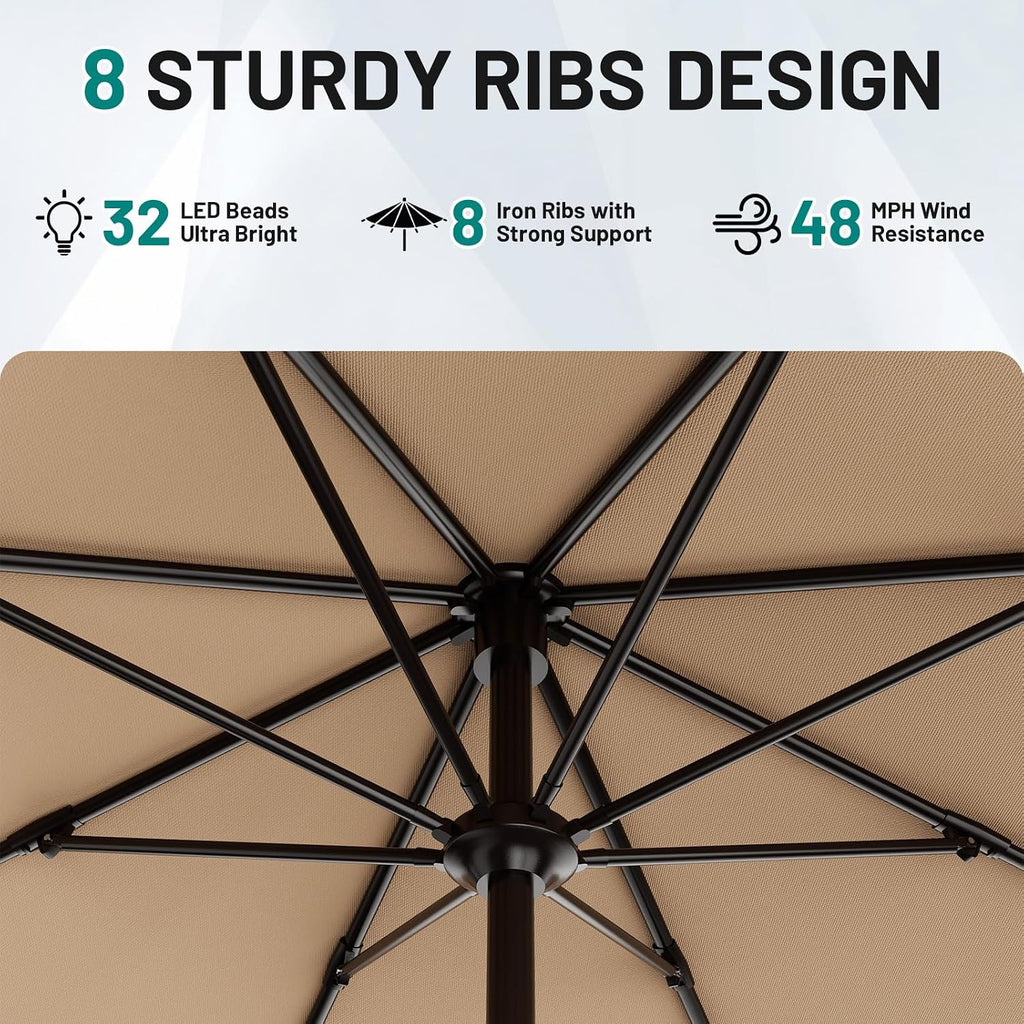 AreShark 12FT Large Patio Umbrella with Solar Lights, Solar Powered Outdoor Umbrella with Crank, Patio Table Market Umbrellas for Garden, Deck, Backyard, Pool and Beach, Beige