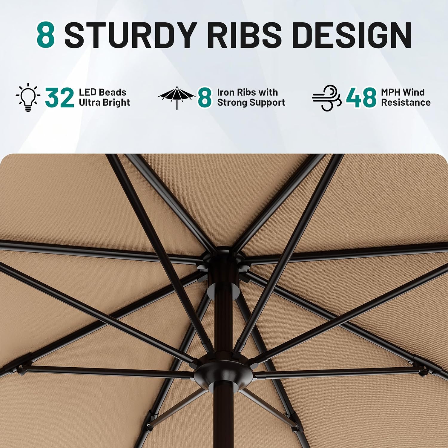 AreShark 12FT Large Patio Umbrella with Solar Lights, Solar Powered Outdoor Umbrella with Crank, Patio Table Market Umbrellas for Garden, Deck, Backyard, Pool and Beach, Beige