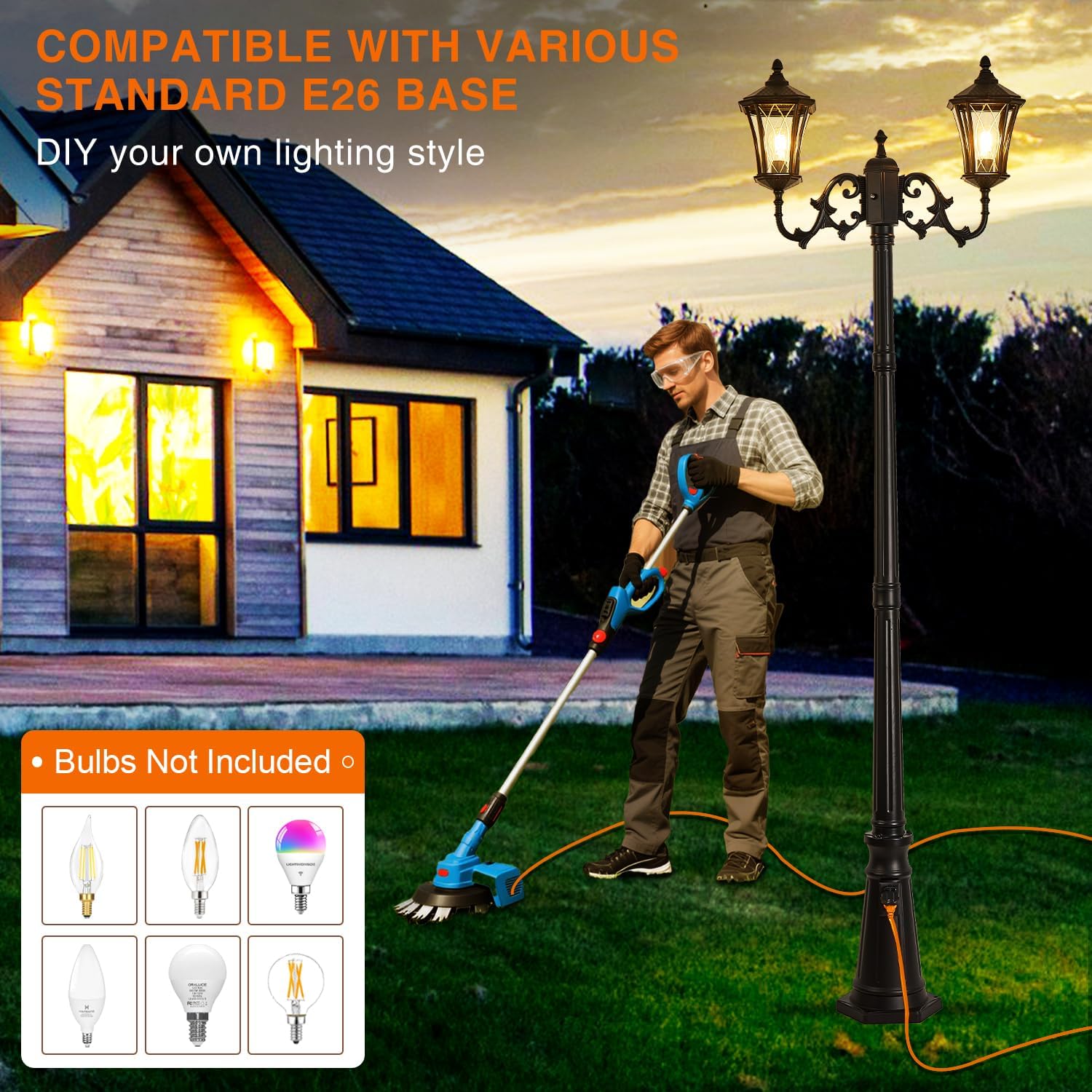 Dusk to Dawn Outdoor Lamp Post Lights with Outlet, Hardwired 2-Head Street Light Fixtures with Patterned Glass, Waterproof Outside Pole Lamps for Backyard, Garden, Driveway
