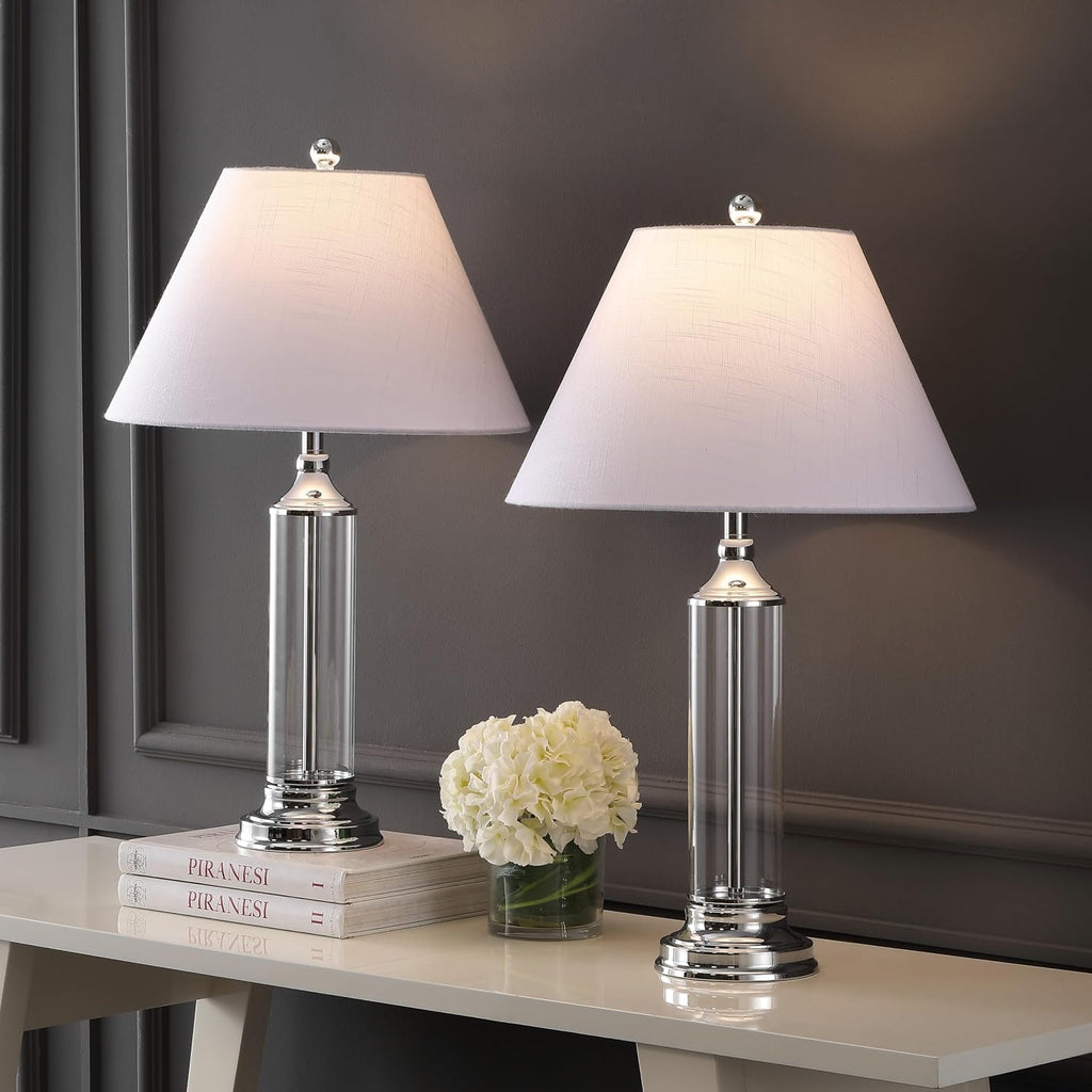 JONATHAN Y 29' Clear/Chrome Glass LED Table Lamp Set of 2, Modern Bedside Nightstand Lamps for Living Room Bedroom Office, White Linen Shade, Transitional Decor JYL4014A-SET2