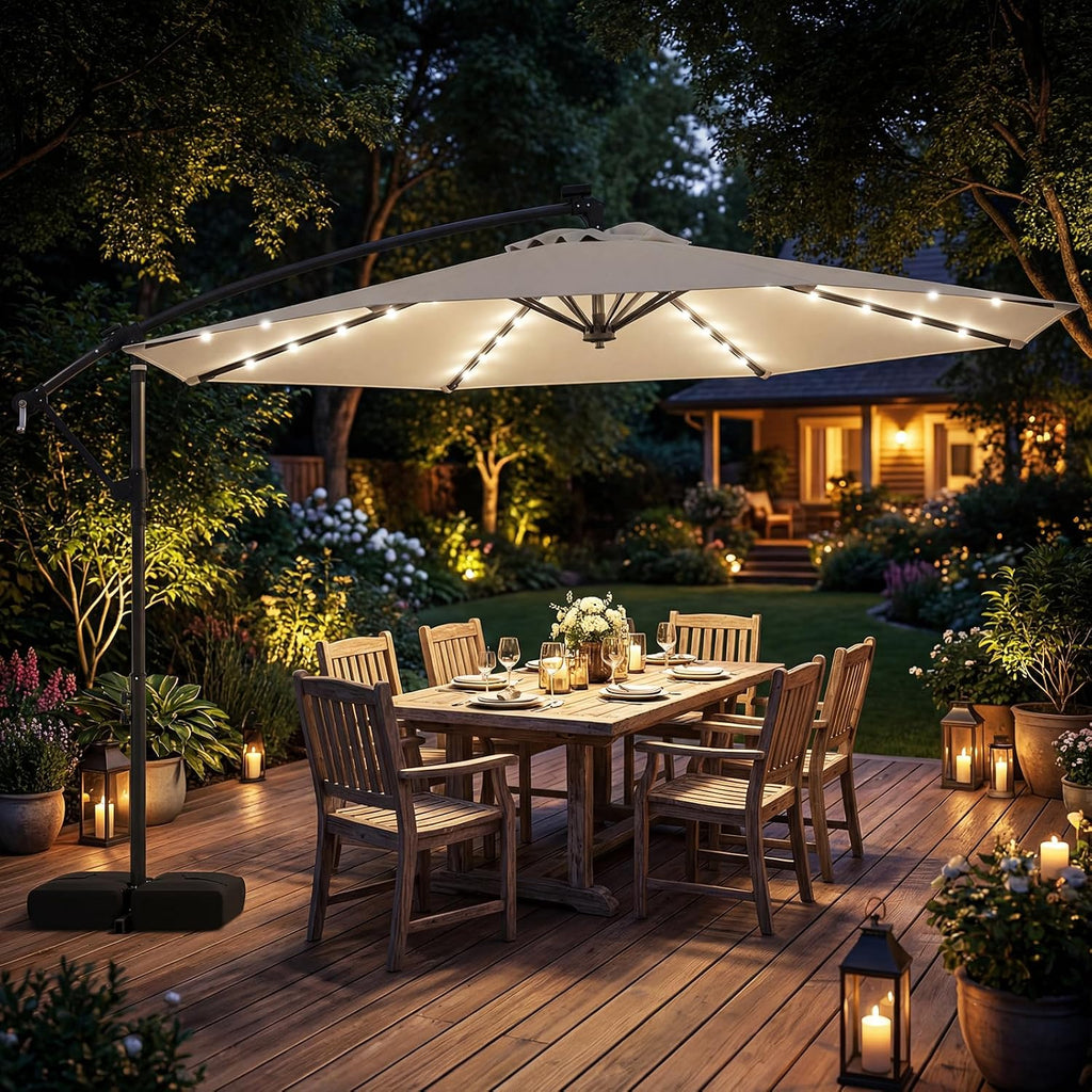 Tangkula 10ft Solar Patio Umbrella with Base Included, Offset Cantilever Outdoor Umbrella with 32 LED Lights, 360 Degree Rotation, Crank Handle for Pool Deck Garden Backyard (Beige)