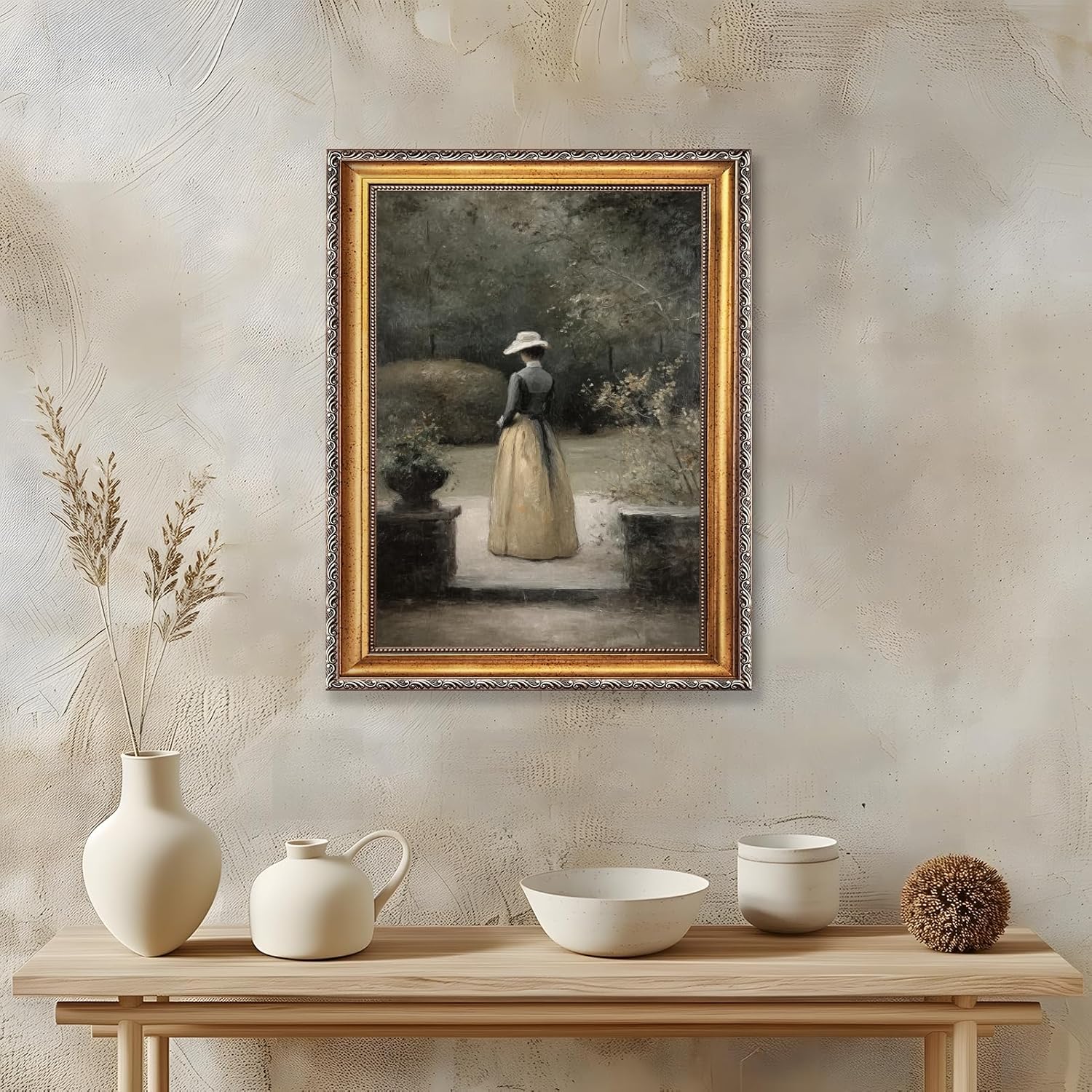 Large Framed Woman in Garden Oil Painting Poster Vintage Courtyard Female Canvas Wall Art Romantic European Victorian Lady Artwork Print Classic Cottage Decor for Bedroom Living Room 24x36inch