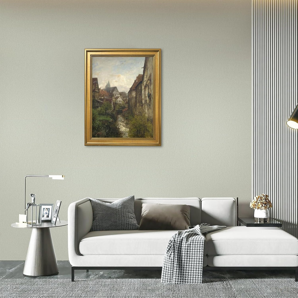 Framed Section in The Old Town of Esslingen Canvas Print Vintage European Village Landscape Wall Art Rustic Alley Painting Neutral Countryside Picture Artwork for Living Room Bedroom Decor 24x36inch