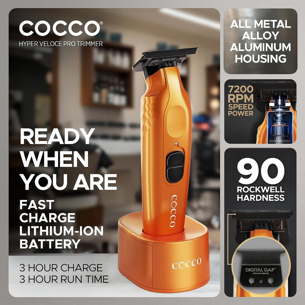 Cocco Hyper Veloce Pro Trimmer, Digital Gap Graphene Blade Edger, High-Torque Brushless BLDC Motor, Cordless, All-Metal Design, Lithium-Ion Battery, Charging Base Included