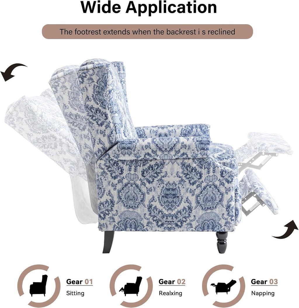 Pushback Recliner Chair, Floral Fabric Wingback Recliner Chair, Upholstered Rivet Trim Armchair Push Back Recliner Accent Chair for Small Spaces, Living Room, Navy