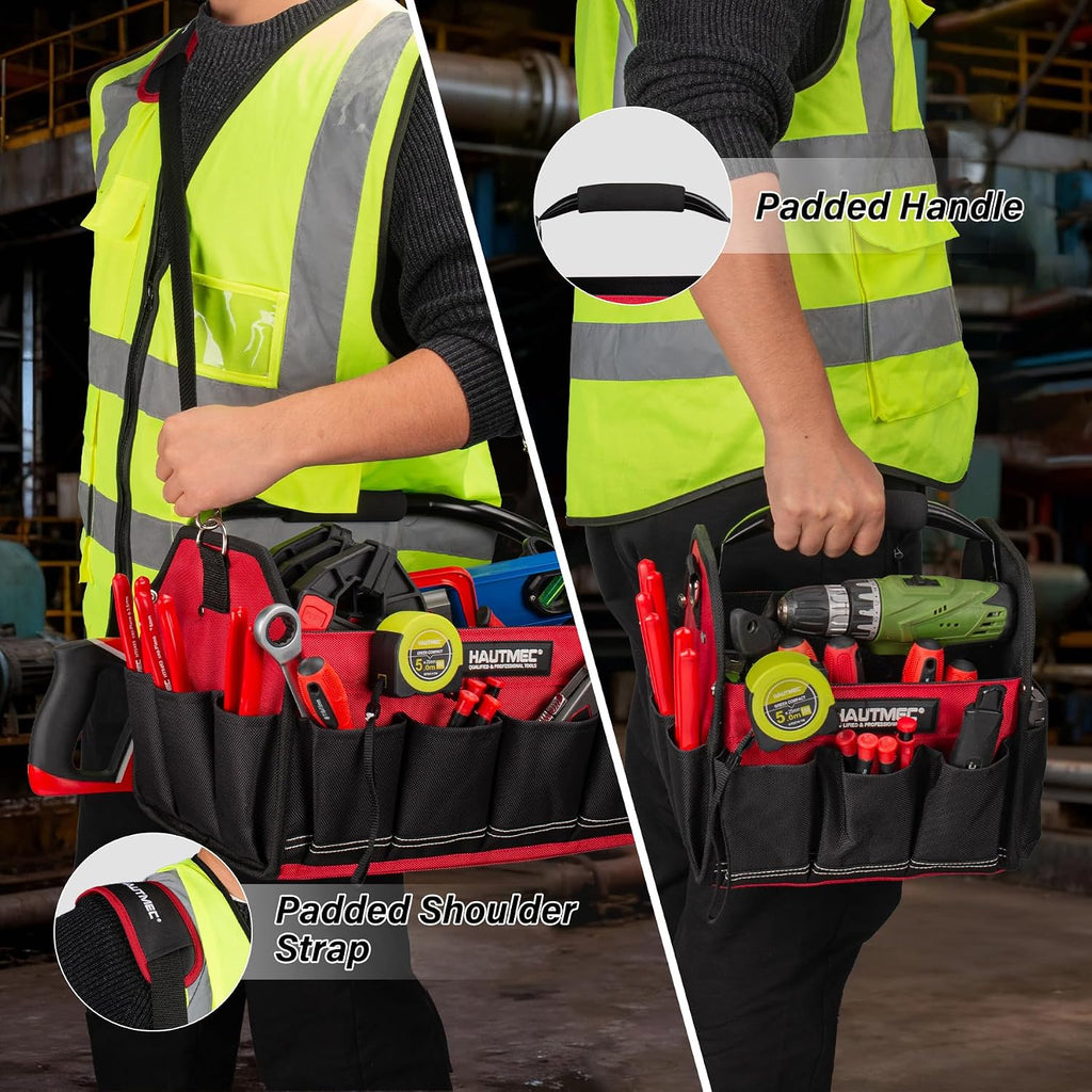 HAUTMEC 3PCS Heavy-Duty Tool Tote Bag Set, 1680D Rigid Frame Tool Bags with Foldable Handle & Padded Shoulder Strap, Water-Resistant Hard Base, Multi-Pocket Tool Box Organizer – HTTBH25052