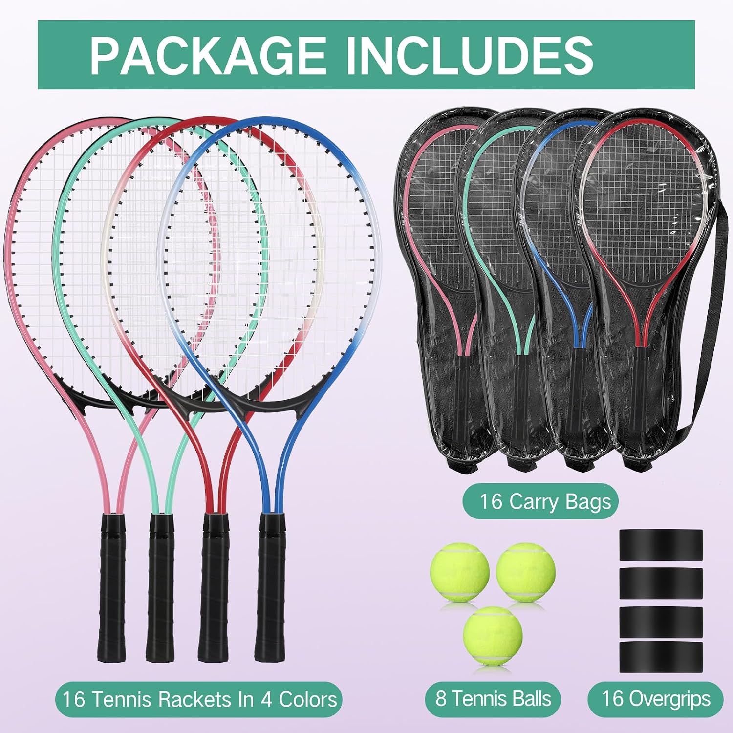 16 Pcs Tennis Rackets for Adult Recreational 8 Players 27' Tennis Racquet Bulk Lightweight Tennis Racket with 8 Tennis Balls for Training Beginners with Overgrips Carry Bag