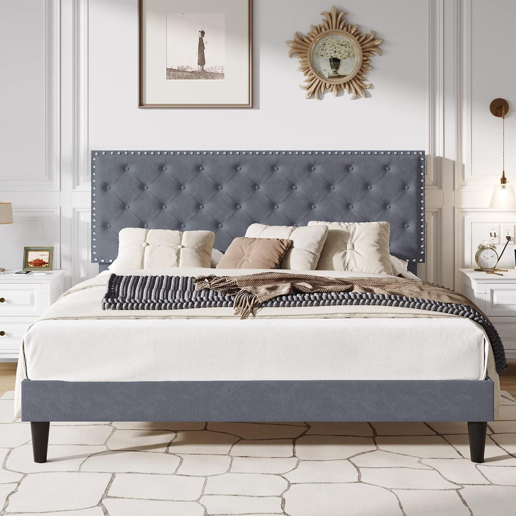 SHA CERLIN King Size Velvet Bed Frame with Adjustable Headboard, Diamond Button Tufted and Rivet Decor, No Box Spring Needed, Silver Grey