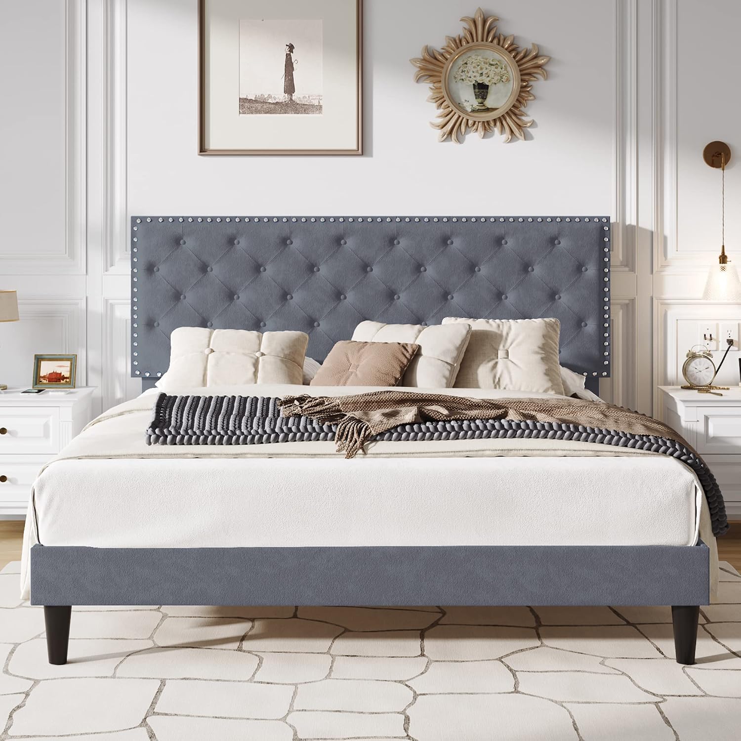 SHA CERLIN King Size Velvet Bed Frame with Adjustable Headboard, Diamond Button Tufted and Rivet Decor, No Box Spring Needed, Silver Grey