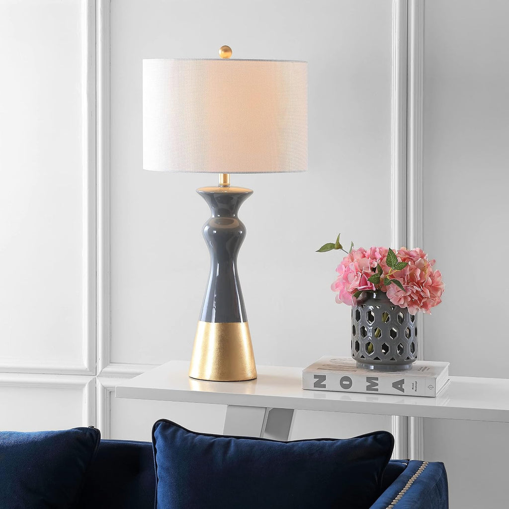SAFAVIEH Lighting Collection Iris Modern Contemporary Grey / Gold Ceramic 31-inch Bedroom Living Room Home Office Desk Nightstand Table Lamp Set of 2 (LED Bulbs Included)