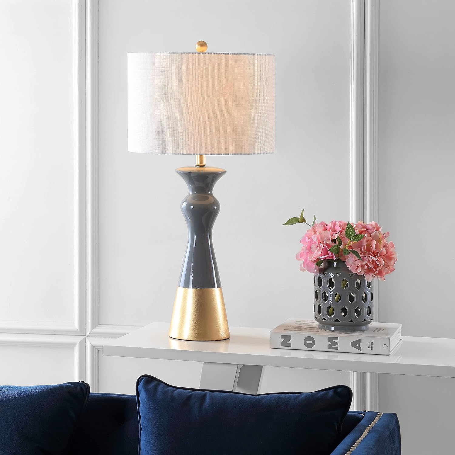 SAFAVIEH Lighting Collection Iris Modern Contemporary Grey / Gold Ceramic 31-inch Bedroom Living Room Home Office Desk Nightstand Table Lamp Set of 2 (LED Bulbs Included)