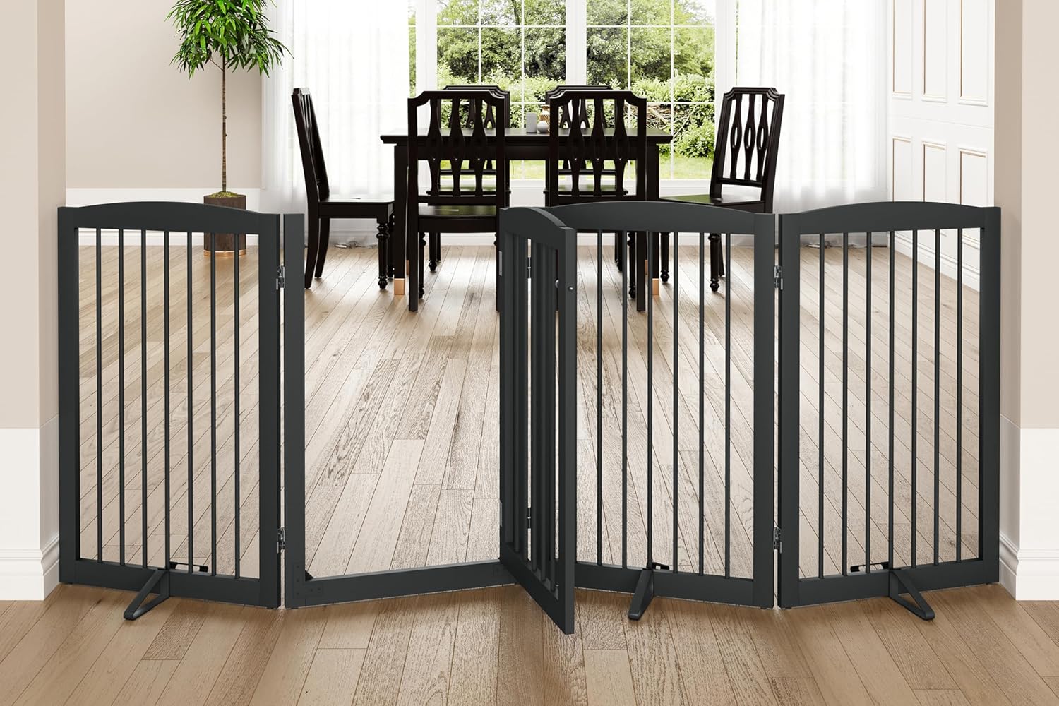 PUPETPO Freestanding Dog Gates with Door Walk Through, Pet Gate for Stairs, 80 inch Wide Gates Indoor, Dog Fences Indoor, Support Feet Included, 4 Panels, 32' Tall, Grey