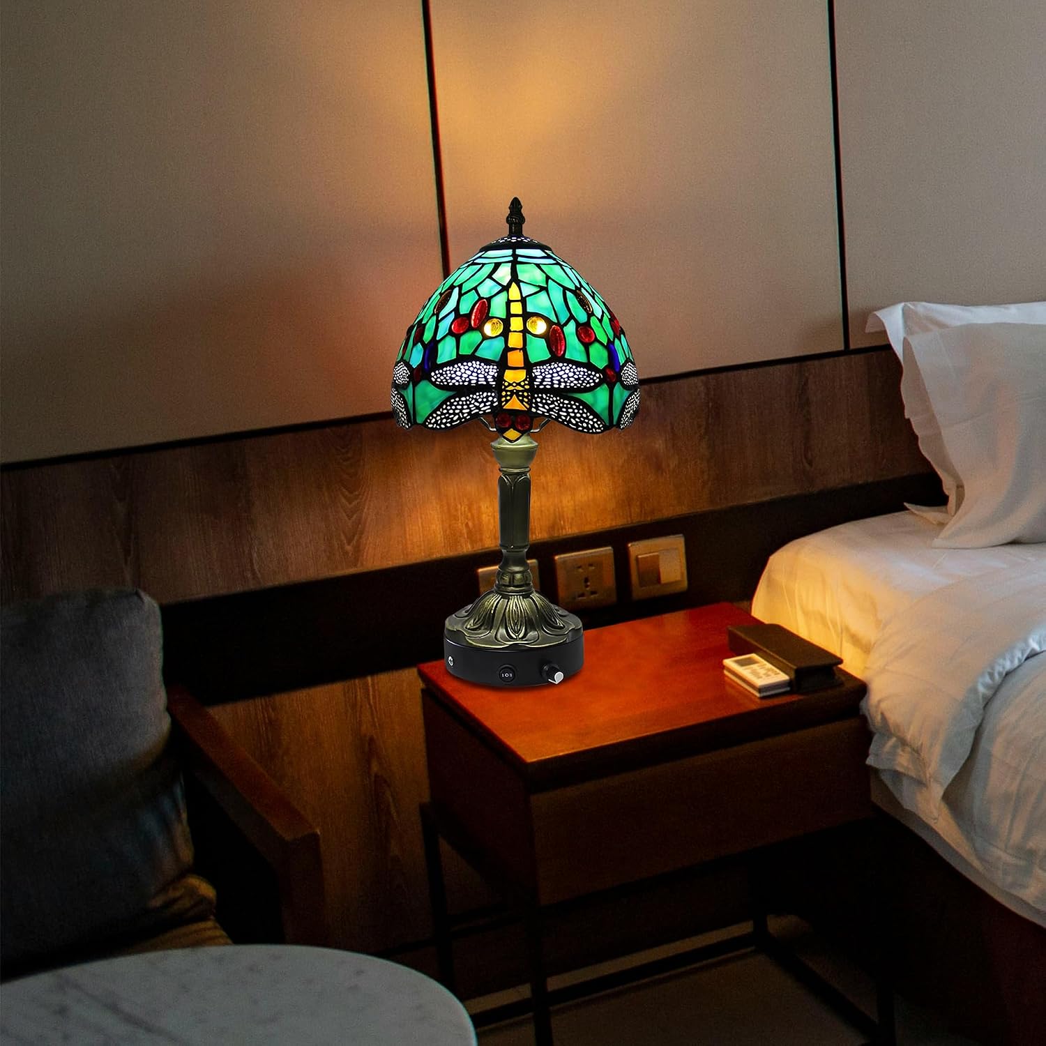 Kiven Cordless Table Lamp,1-Light Dimmable Bedside Lamps for Nightstand with Glass Lampshade, Cordless Tiffany Lamp for Reading Home Decor Bedside TD0938