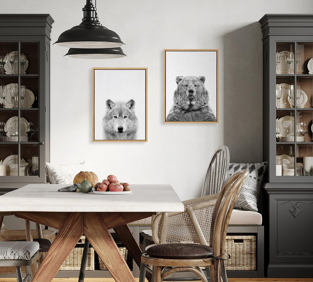Kate and Laurel Sylvie Wolf and Bear European Framed Canvas Wall Art Set by Simon Te of Tai Prints; 2 piece 18x24 Natural; Modern Nature Animals Art for Wall Home Decor