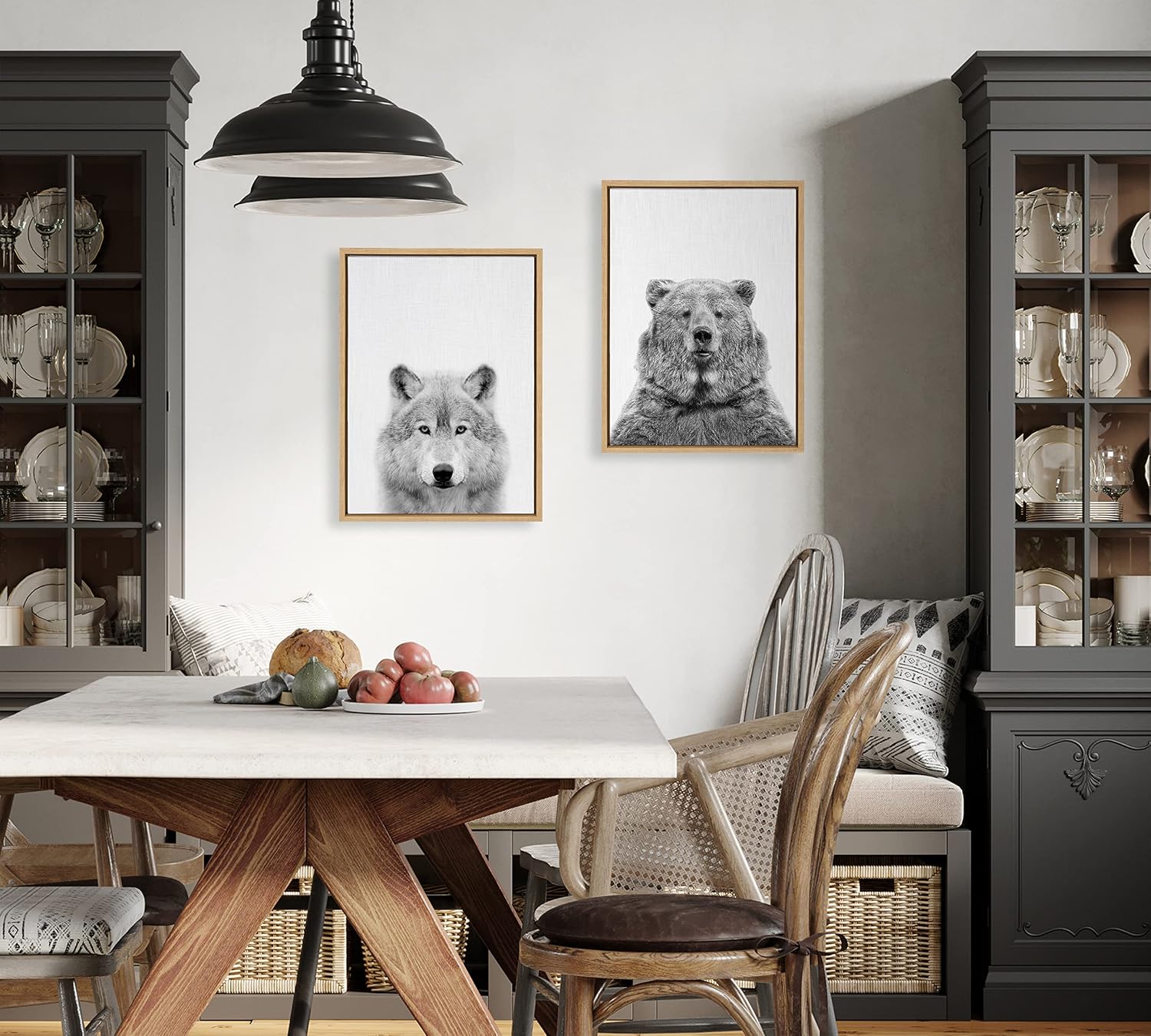 Kate and Laurel Sylvie Wolf and Bear European Framed Canvas Wall Art Set by Simon Te of Tai Prints; 2 piece 18x24 Natural; Modern Nature Animals Art for Wall Home Decor