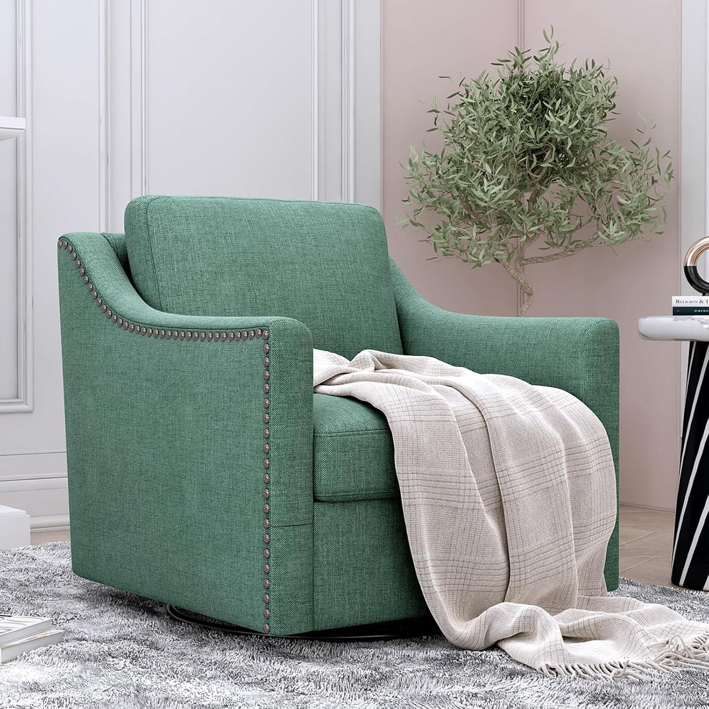 360° Swivel Armchair, Cotton Linen Skin-Friendly Fabric, Ergonomic Design with Brass Nail Decor, Accent Chair for Living Room & Bedroom