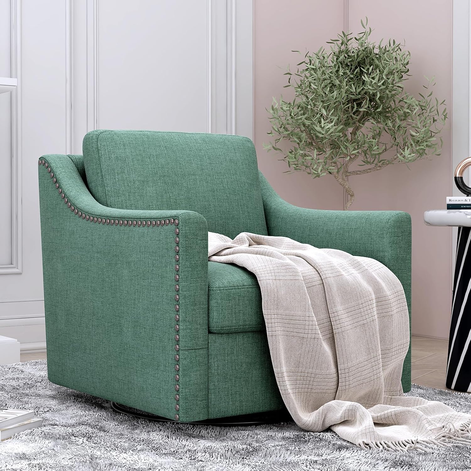 360° Swivel Armchair, Cotton Linen Skin-Friendly Fabric, Ergonomic Design with Brass Nail Decor, Accent Chair for Living Room & Bedroom