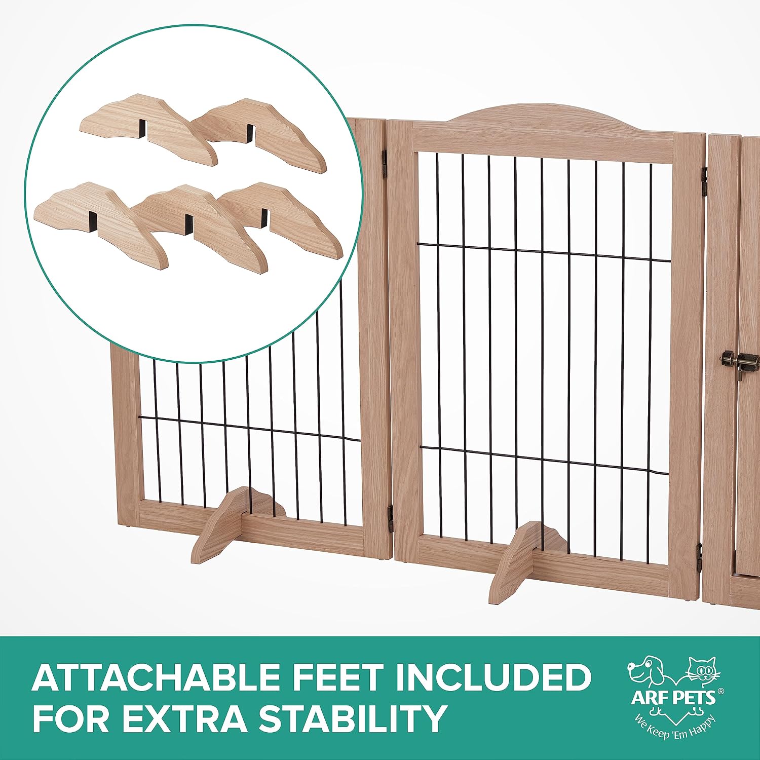 Arf Pets Freestanding Dog Gate with Door, 6 Panel 360° configurable Wooden Wire Fence, 132' Wide, 31.5' Tall, Foldable, Five Support Feet Included, for The House - Indoor Use
