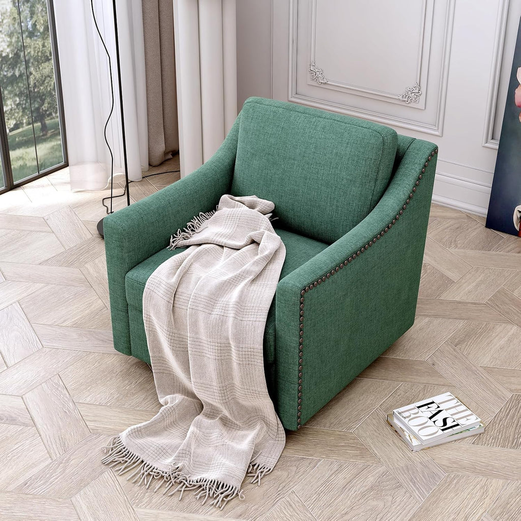 360° Swivel Armchair, Cotton Linen Skin-Friendly Fabric, Ergonomic Design with Brass Nail Decor, Accent Chair for Living Room & Bedroom