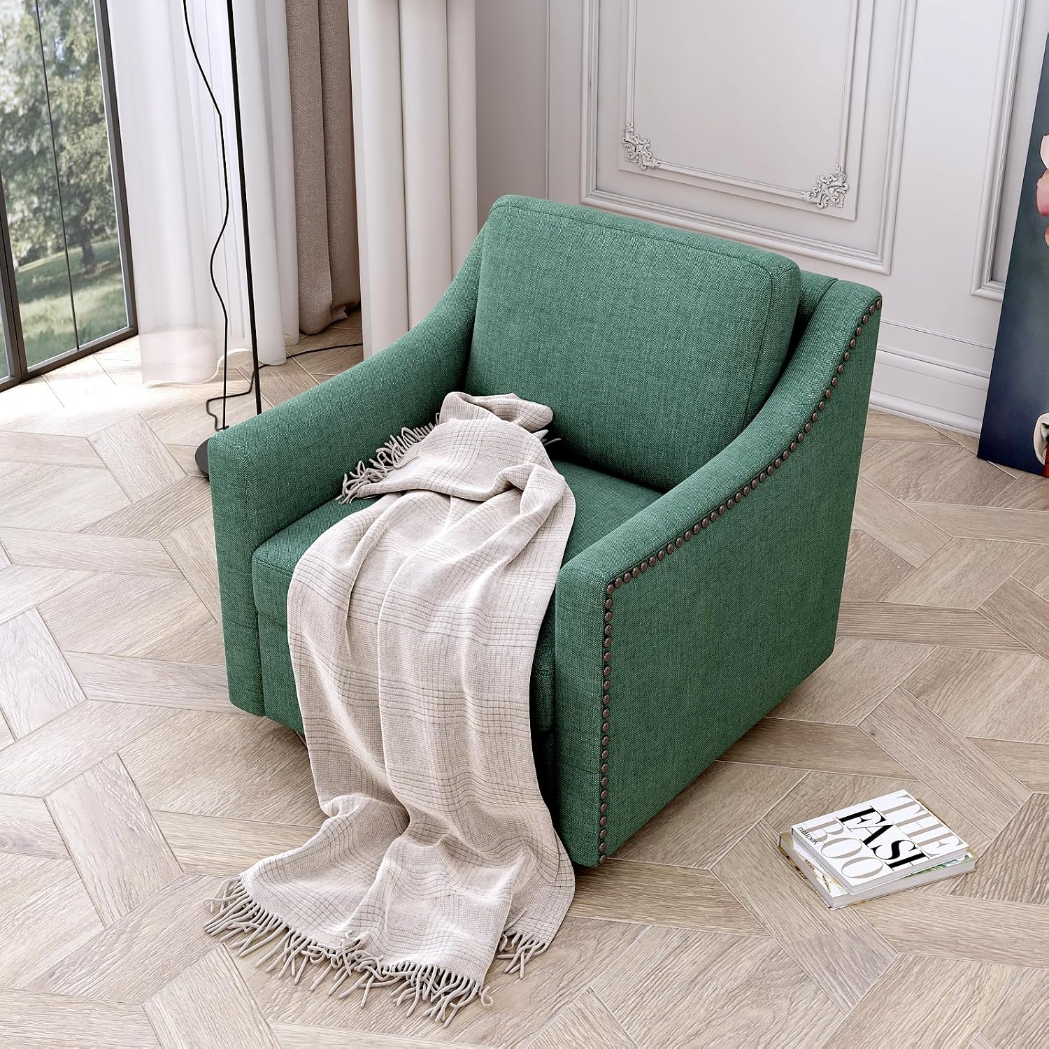 360° Swivel Armchair, Cotton Linen Skin-Friendly Fabric, Ergonomic Design with Brass Nail Decor, Accent Chair for Living Room & Bedroom