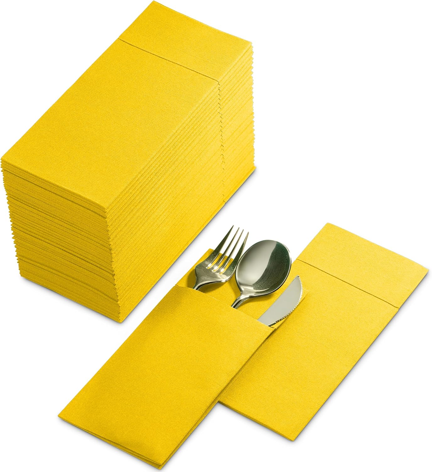 Disposable Linen-Feel Dinner Napkins with Built-in Flatware Pocket, 500-Pack YELLOW Prefolded Cloth Like Paper Napkins For Dinner, Wedding Or Party