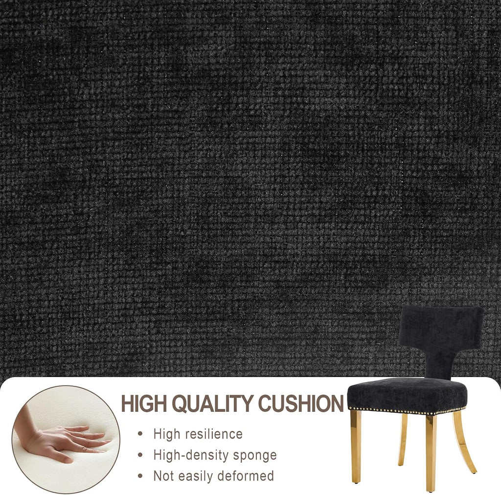 Dining Chair Set of 2 Linen Fabric Curved Backrest Farmhouse Mid Century Accent Upholstered Kitchen Chairs with Gold Legs and Foot Pad for Dining Room/Living Room/Restaurant,Black