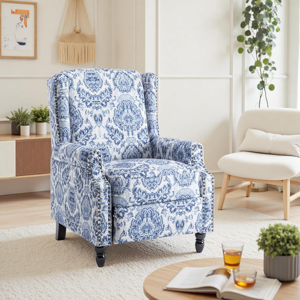 Pushback Recliner Chair, Floral Fabric Wingback Recliner Chair, Upholstered Rivet Trim Armchair Push Back Recliner Accent Chair for Small Spaces, Living Room, Navy