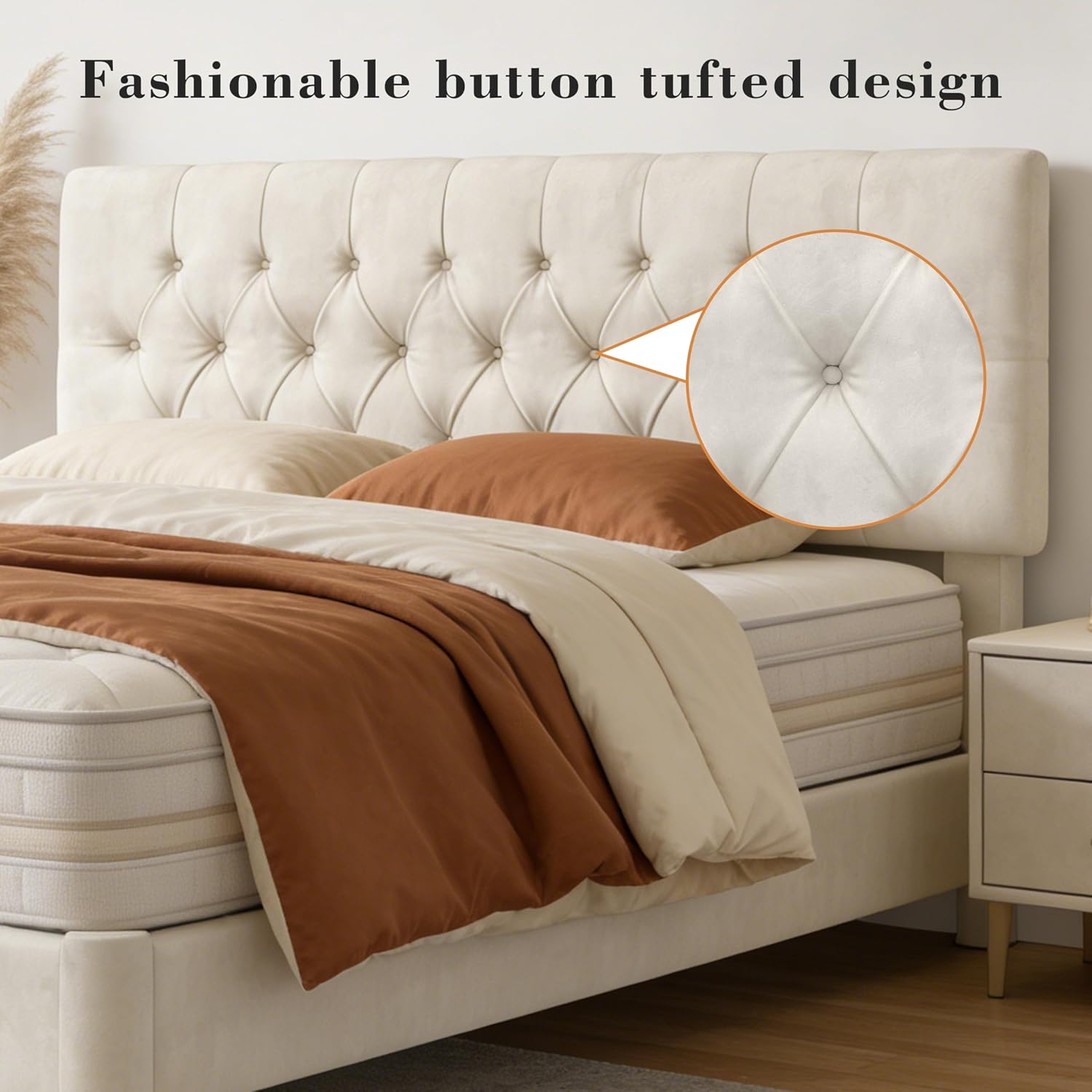 Vipbear Twin Bed Frame with Button Tufted Headboard, Velvet Fabric Upholstered Platform Bed, Wooden Slats Support, Adjustable Headboard, Noise Free, Easy Assembly, No Box Spring Needed, Beige