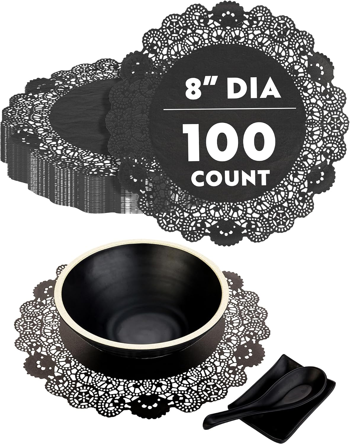 Restaurantware Black Paper Doilies 4000 Count 8 x 8 Inch, Disposable, Long Lasting Absorbent Paper Doilies for Tables with Elegant Lace Finish for Pastries, Cupcakes, Cookies and Desserts