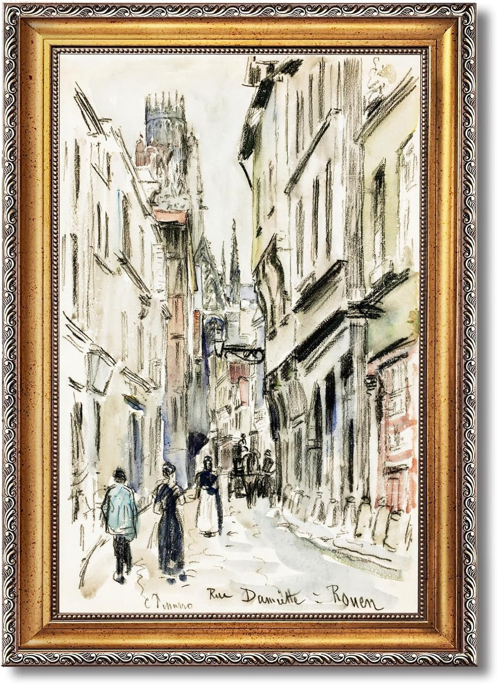 Large Framed European Old Town Street Sketch Canvas Wall Art Rue Damiette Rouen Poster by Camille Pissarro Classic Oil Paintings Reproduction Artwork Print Rustic City Scene Decor