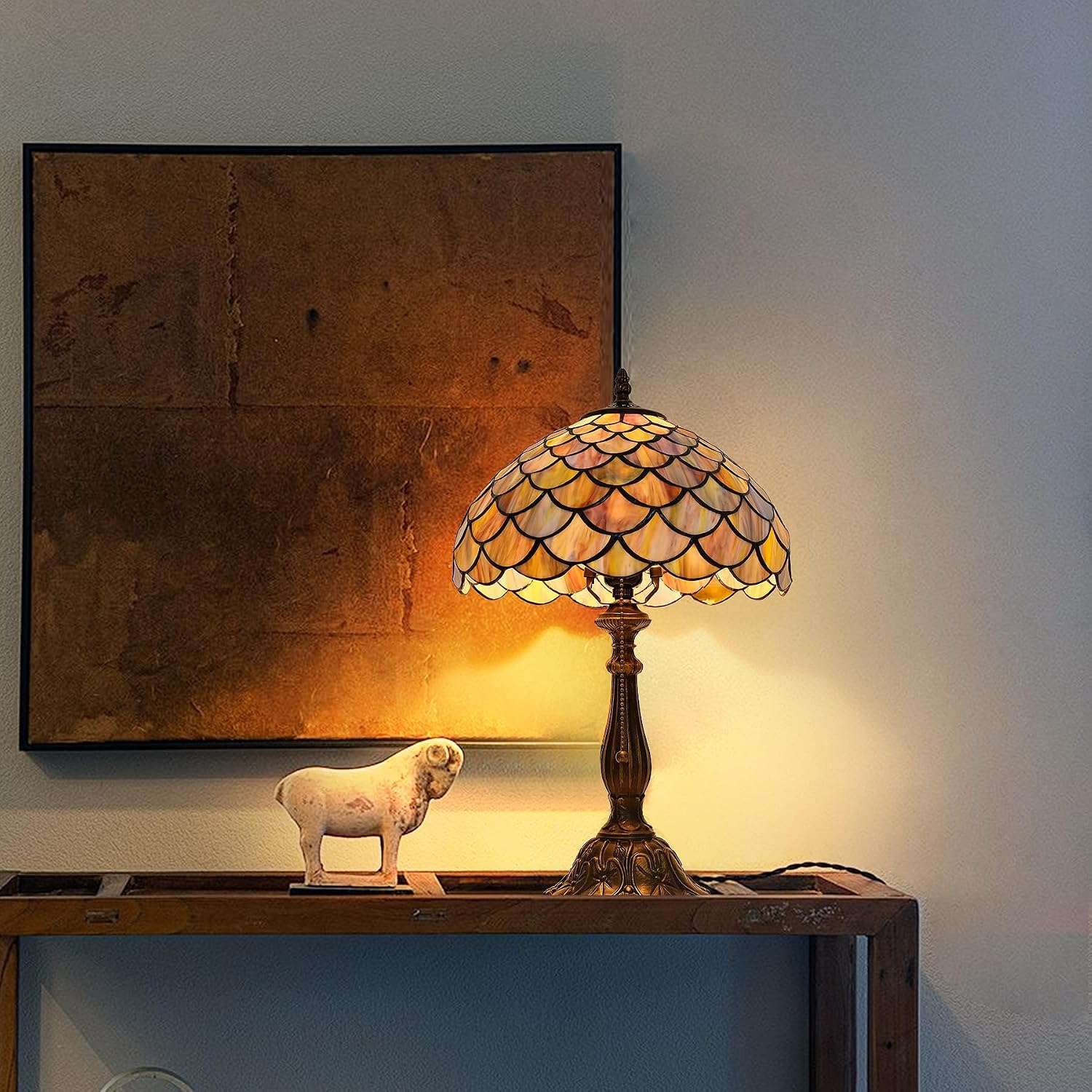 Tiffany Style Table Lamp Vintage Stained Glass Desk Lamp Mable Gradient Green Fish Scales Bedside Reading Light Decor Bedroom Living Room Home Office D12 xH18 (Green Fish Scales)