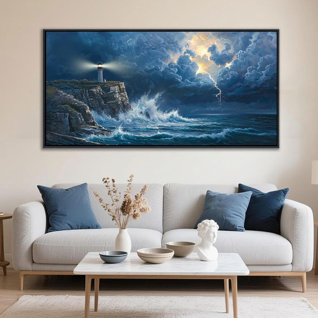 YDYSUNE Large Wall Art Framed Coastal Canvas Wall Decor Painting Navy Blue Picture,ocean decor Lighthouse Artwork for Dining Room,Living Room,Bedroom Decoration Size 24x48 Inches